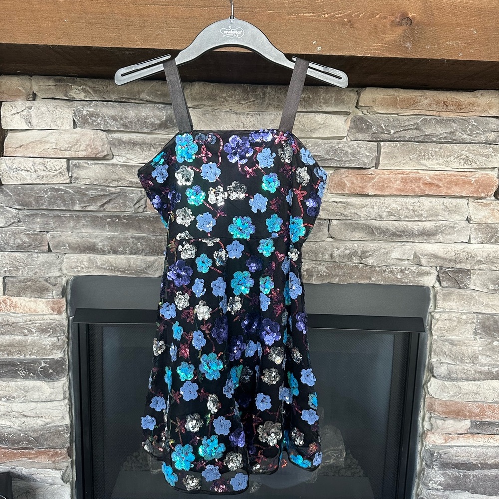 Elegant Sequin Floral Kids Dress - Black and Blue